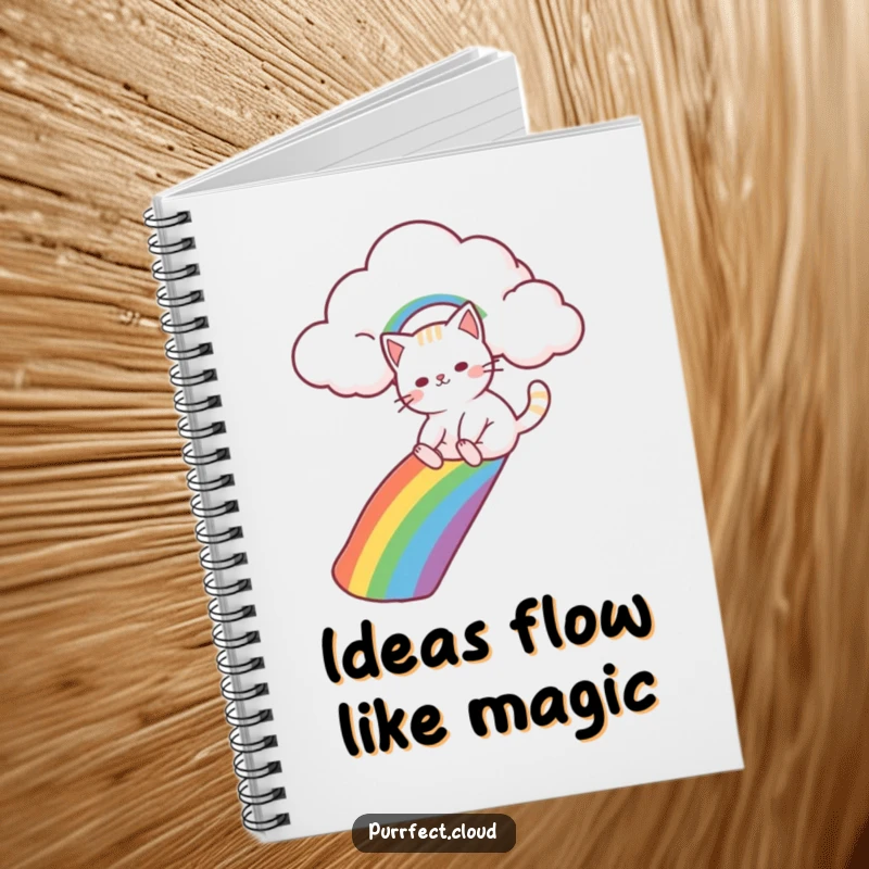 Funny cat character sliding down a rainbow from a cloud, featured on the cover of a notebook for capturing magical thoughts.
