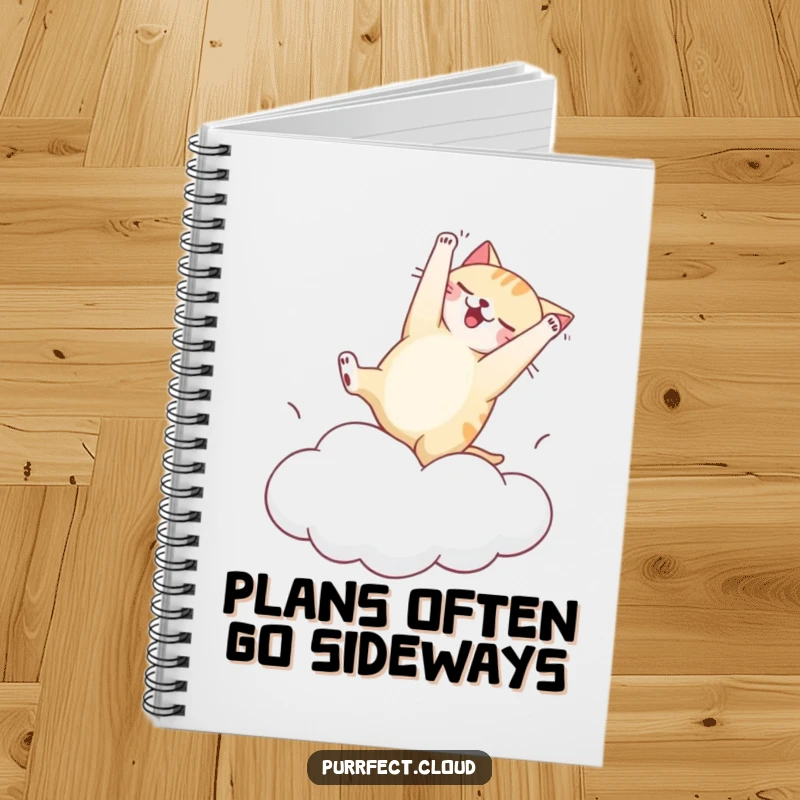Funny notebook with a cat mid-somersault on a bouncy cloud, ideal for jotting down ideas with a humorous and energetic flair.