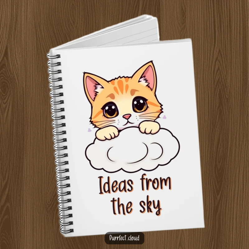 Funny notebook with a curious cat peeking over a cloud, designed for journaling and note-taking, a humorous stationery item.