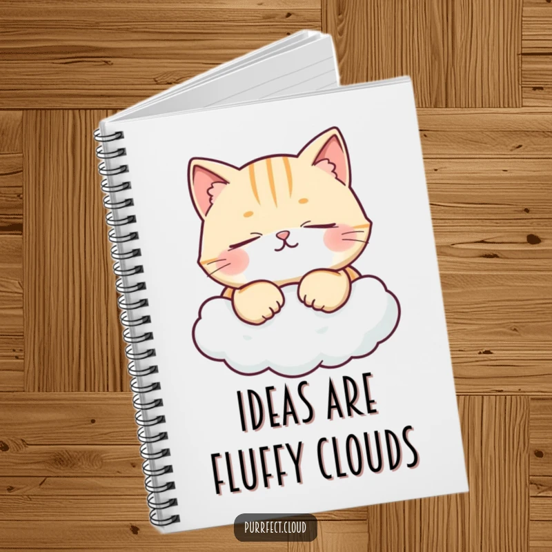 Funny notebook with a contented cat purring on a cloud, designed for jotting down notes with humor and peaceful vibes.
