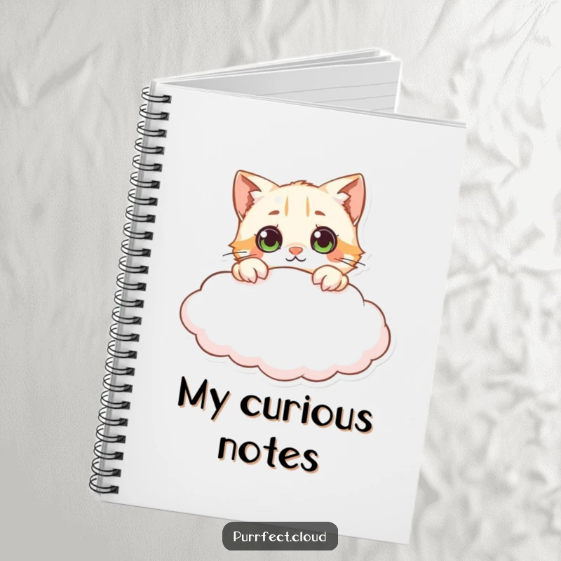 Funny curious cat cloud notebook, showing a cat peeking over a cloud with wide eyes, ideal for writing, drawing, and capturing curious thoughts.