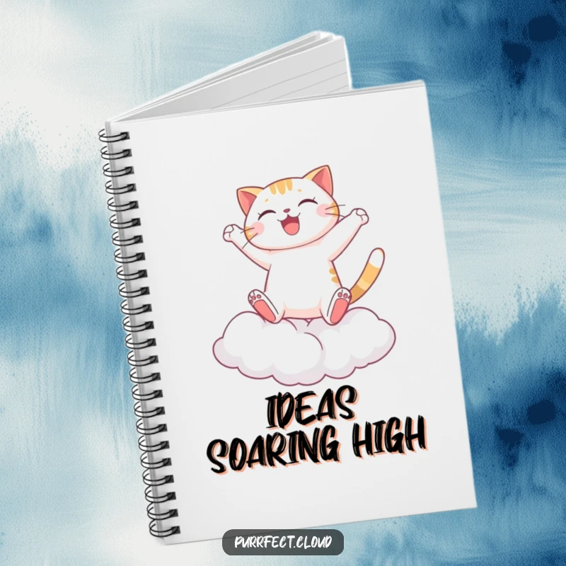 Funny Cat Notebook, a joyful cat leaping between clouds, perfect for jotting down ideas with energy and a whimsical, adventurous spirit.