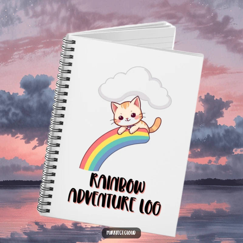 Funny notebook cover with a cat gleefully sliding down a rainbow from a cloud, ready for your fun notes.