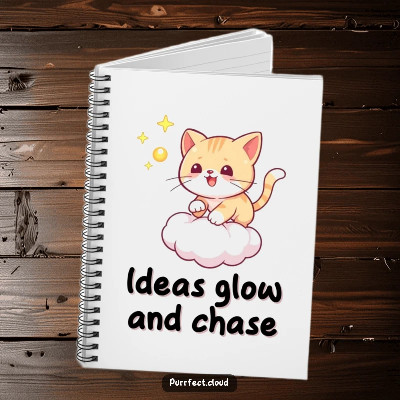 Funny cat notebook cover with a playful cat chasing a glowing orb on a cloud, great for journaling and a humorous gift.