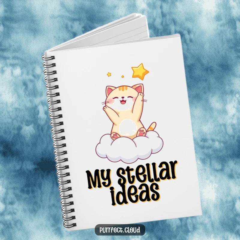 Funny playful cat star notebook with a cat batting at a star on a cloud, ideal for note-taking and creative writing.