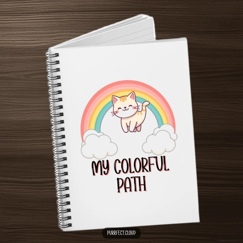 Funny rainbow sliding cat notebook, showing a happy cat sliding down a rainbow over clouds, ideal for writing, drawing, and capturing joyful ideas.