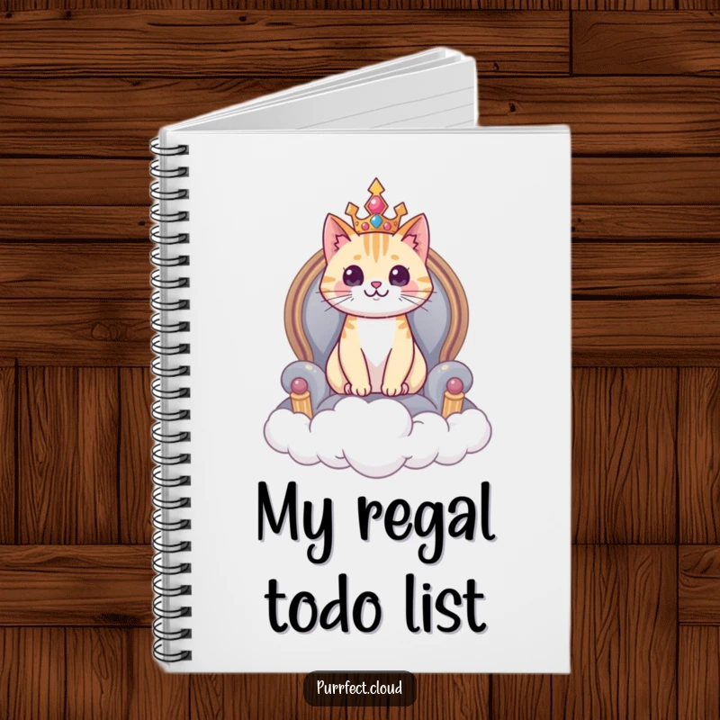 Funny cat notebook, a cat sits regally on a cloud throne, ideal for notes and plans.
