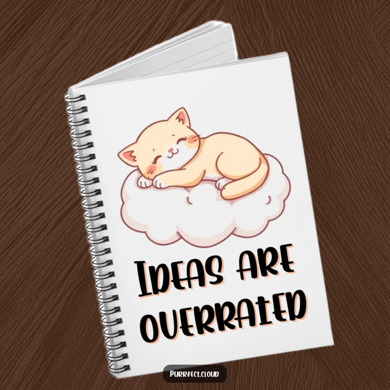 Funny cat stretching lazily on a soft cotton cloud, featured on a notebook, ideal for writing.