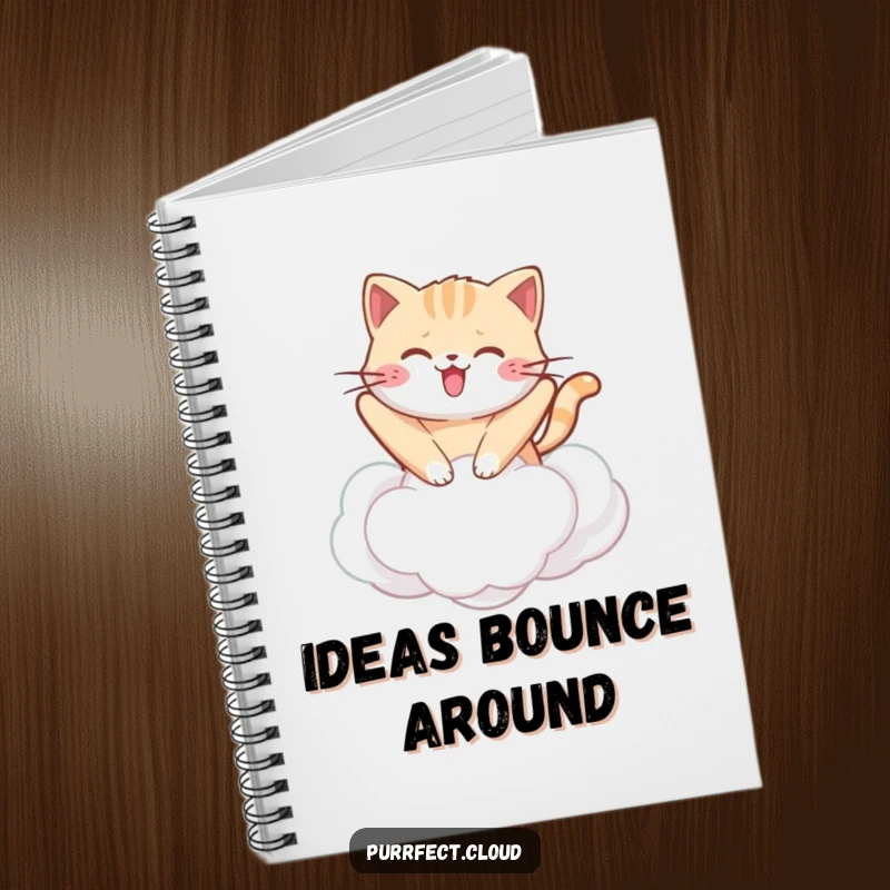 Funny kawaii cat notebook cover with a cute cat bouncing on a cloud, great for journaling and a humorous gift.