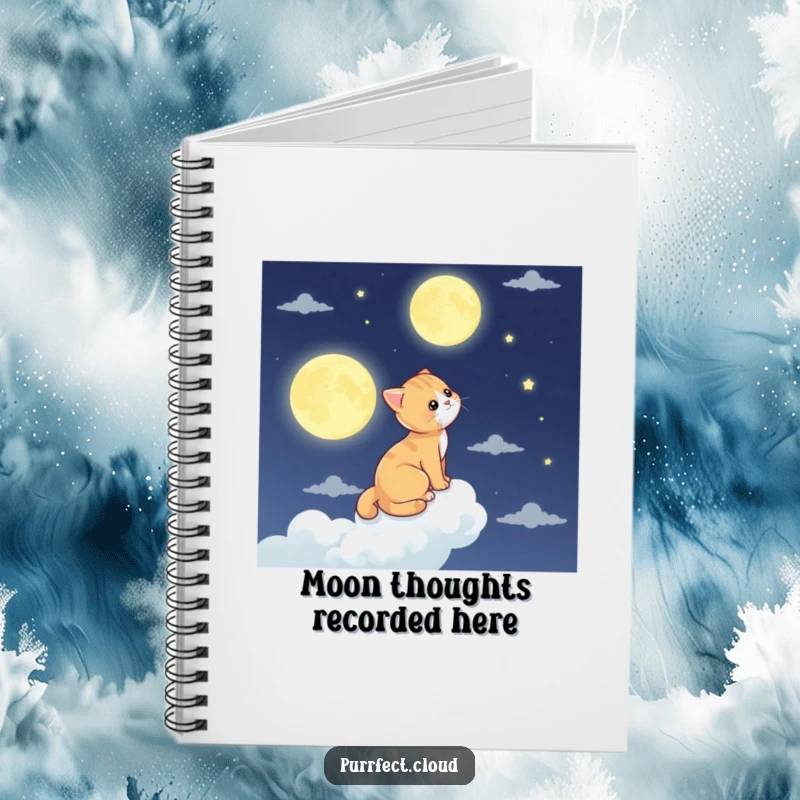 Funny cat notebook, a cat gazes at the moon from a cloud, ideal for creative writing.