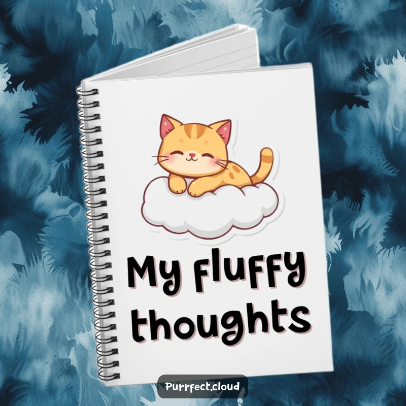 Funny ginger cat character peacefully floating on a cloud on the cover of a lined notebook for jotting down calm thoughts.