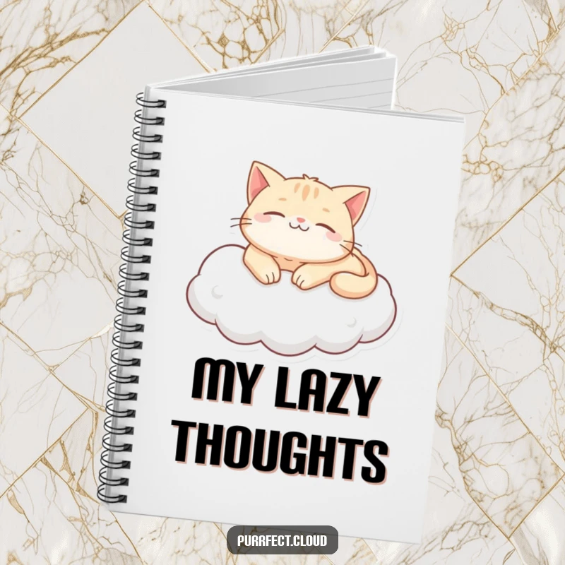 Funny purring cat cloud notebook, showing a content cat lounging on a cloud, ideal for writing, journaling, and capturing peaceful thoughts.