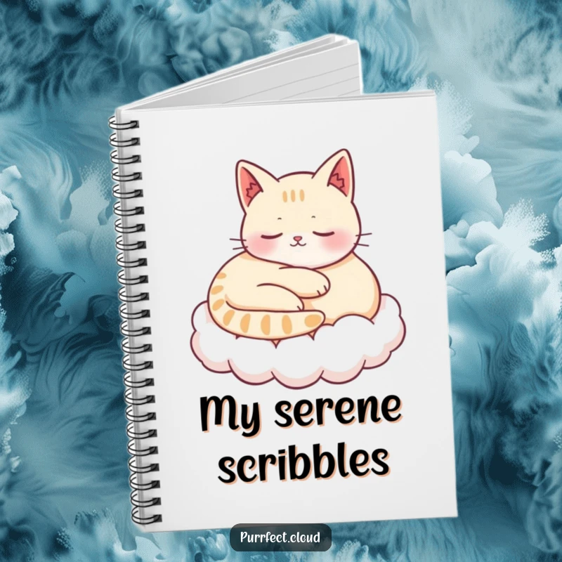 Funny notebook featuring a content cat curled up on a cloud, purring, ideal for jotting down peaceful thoughts and calm ideas.