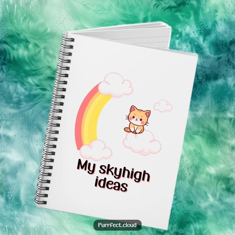 Funny cat notebook, a design of a cat sliding down a rainbow, ideal for jotting down imaginative thoughts.