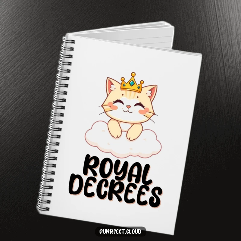 Funny notebook cover with a cat wearing a tiny crown, reigning from a cloud, ready for your noble ideas.