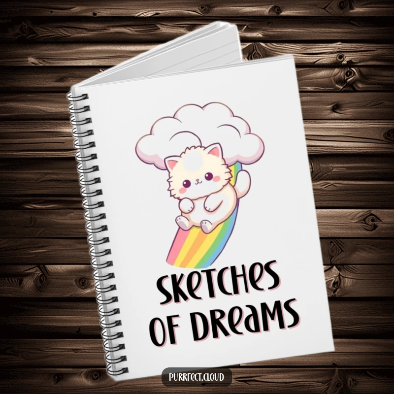 Funny fluffy cat sliding down a rainbow from a cloud, inspiring creativity on this charming notebook cover.