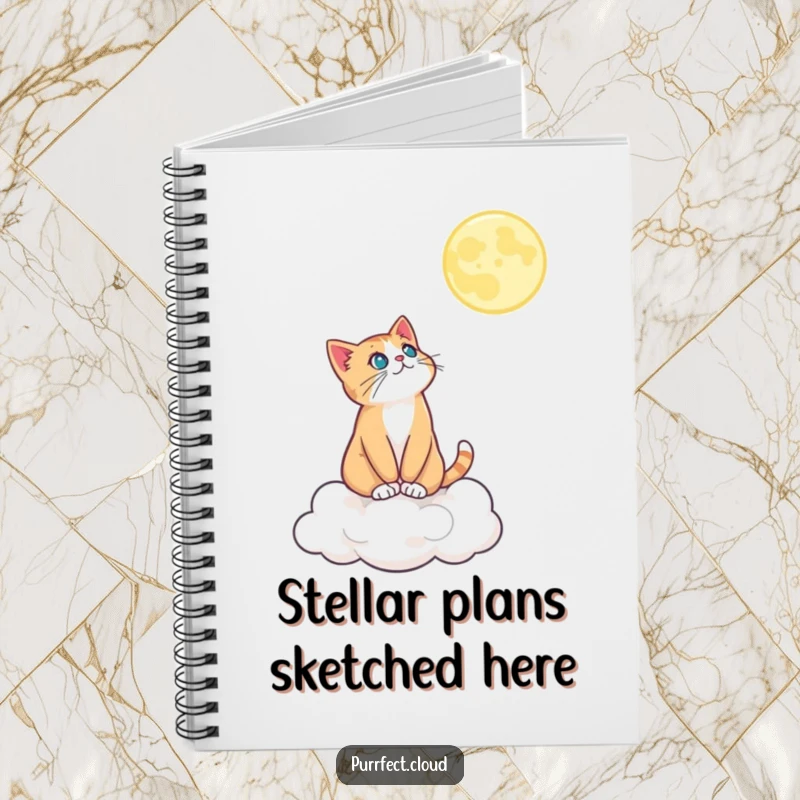 Funny notebook with a cat on a cloud looking at the moon, designed for capturing thoughts and celestial inspiration with humor.