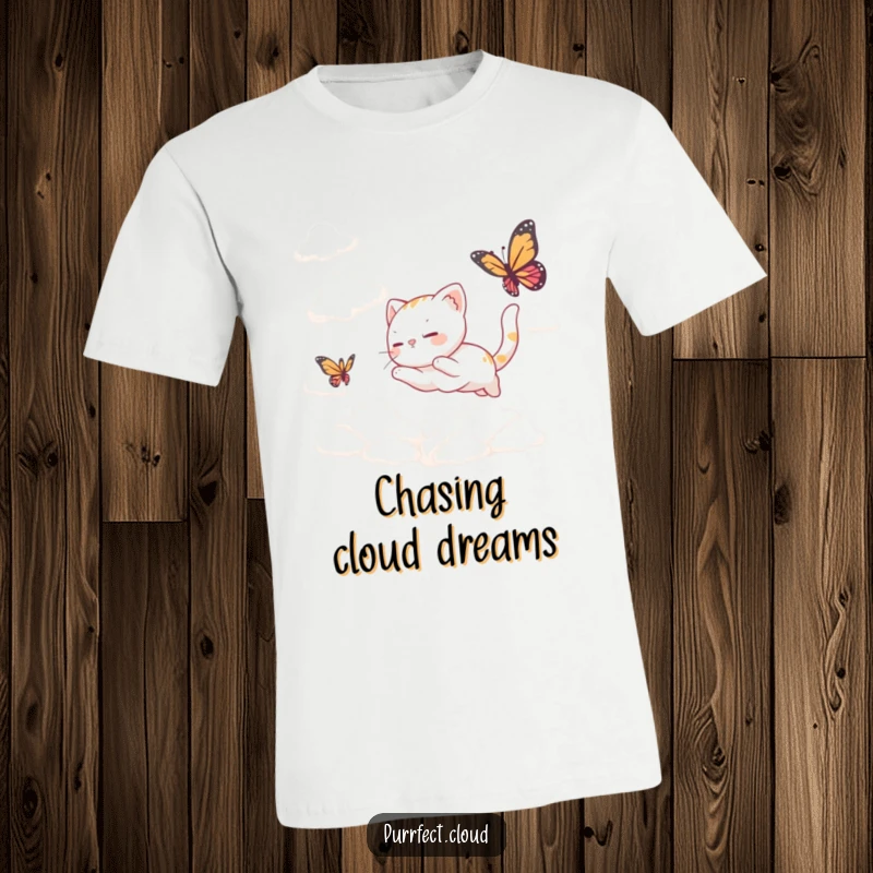 Funny T-Shirt: A whimsical design of a cat playfully pursuing a butterfly among a cluster of fluffy clouds, full of wonder.