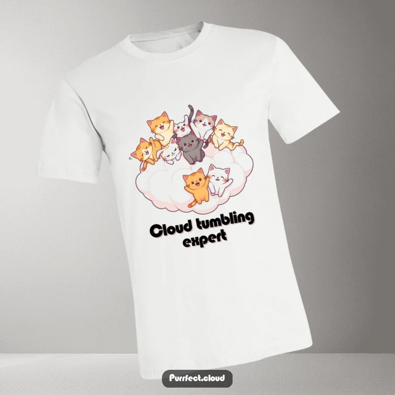 Funny Cat Tumble T-Shirt: Multiple cats joyfully tumbling and playing on a fluffy cloud, showcasing playful energy and humor. A funny gift.