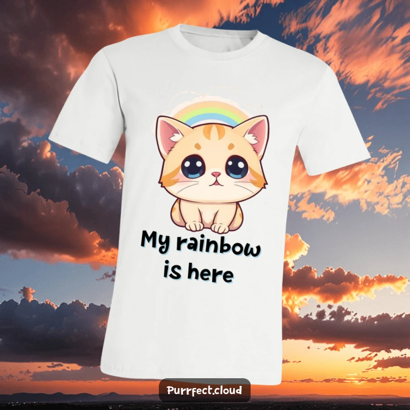 Funny Awestruck Cat T-Shirt, a cat gazes at a rainbow from a cloud, amazed expression, comfortable apparel.