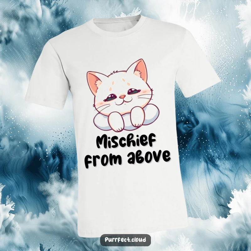 Funny t-shirt depicting a cat with a knowing, mischievous grin perched atop a cloud, observing the world with playful intent.