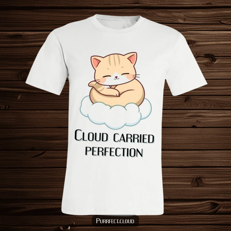 Funny t-shirt depicting a cat curled up and peacefully napping, gently carried by a soft, floating cloud, showcasing pure serenity.