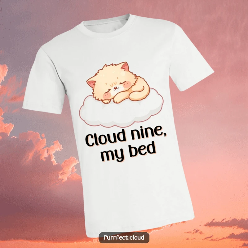 Funny cat t-shirt of a fluffy cat sleeping peacefully on a soft cloud, cozy comfort, whimsical dream attire, a great funny gift.