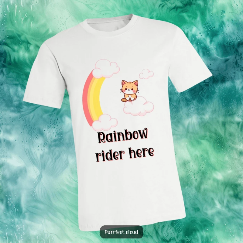Funny cat t-shirt, a playful cat mid-slide on a colorful rainbow arc from cloud to cloud, full of joy.
