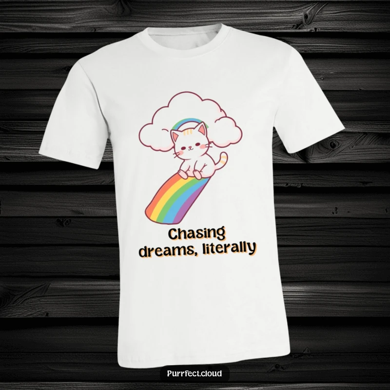 Funny cat character joyfully sliding down a vibrant rainbow from a fluffy cloud, depicted on a comfortable and stylish t-shirt.
