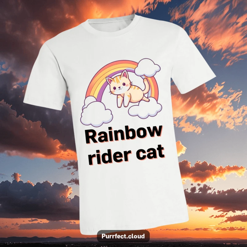 Funny t-shirt depicting a cat gleefully sliding down a rainbow arc from cloud to cloud, radiating pure fun.