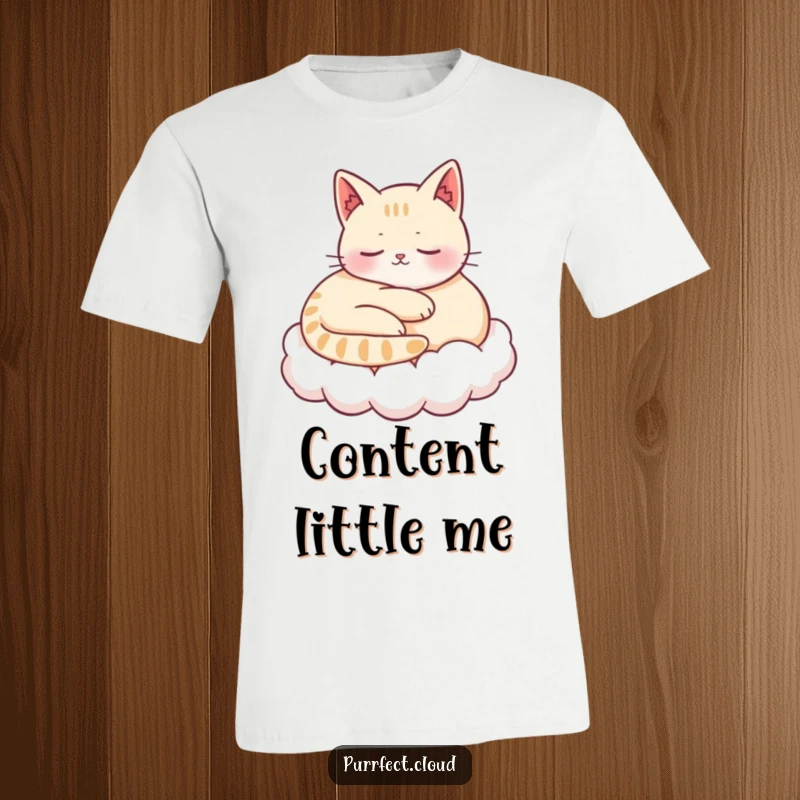 Funny t-shirt depicting a content cat curled up and purring on a soft cloud, radiating tranquility and happiness.