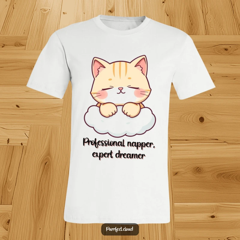 Funny t-shirt featuring a cat with closed eyes, blissfully purring on a soft cloud, embodying ultimate relaxation and joy.