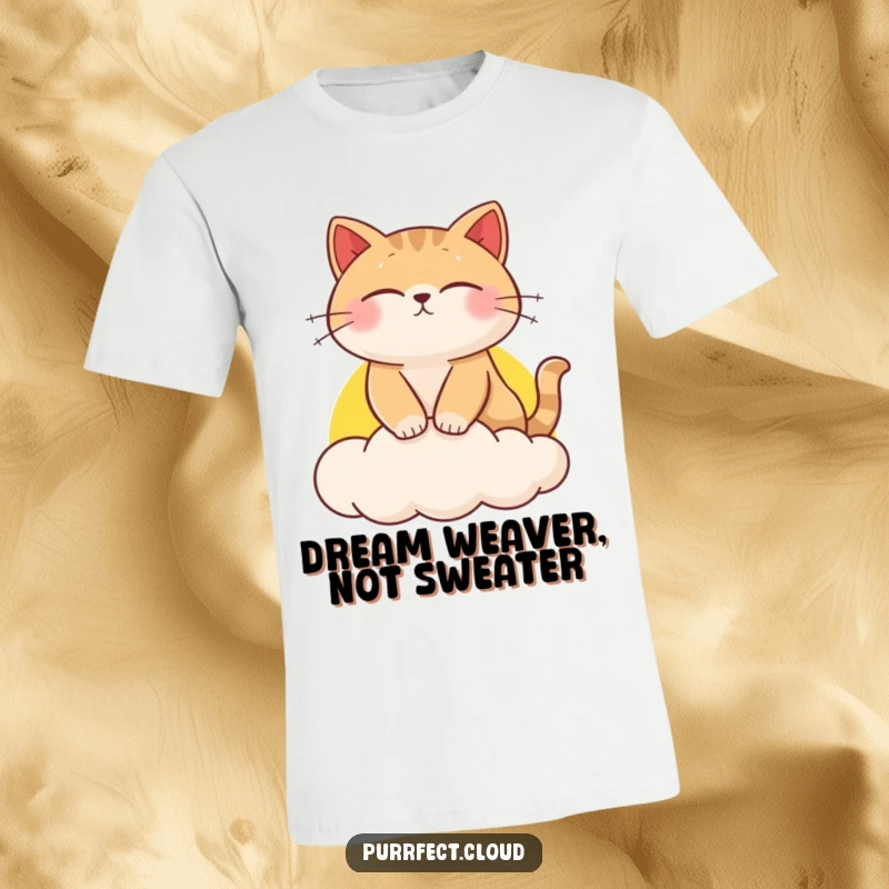Funny cat t-shirt, depicting a cat blissfully dreaming on a colorful sunset cloud, soft and comfy apparel.