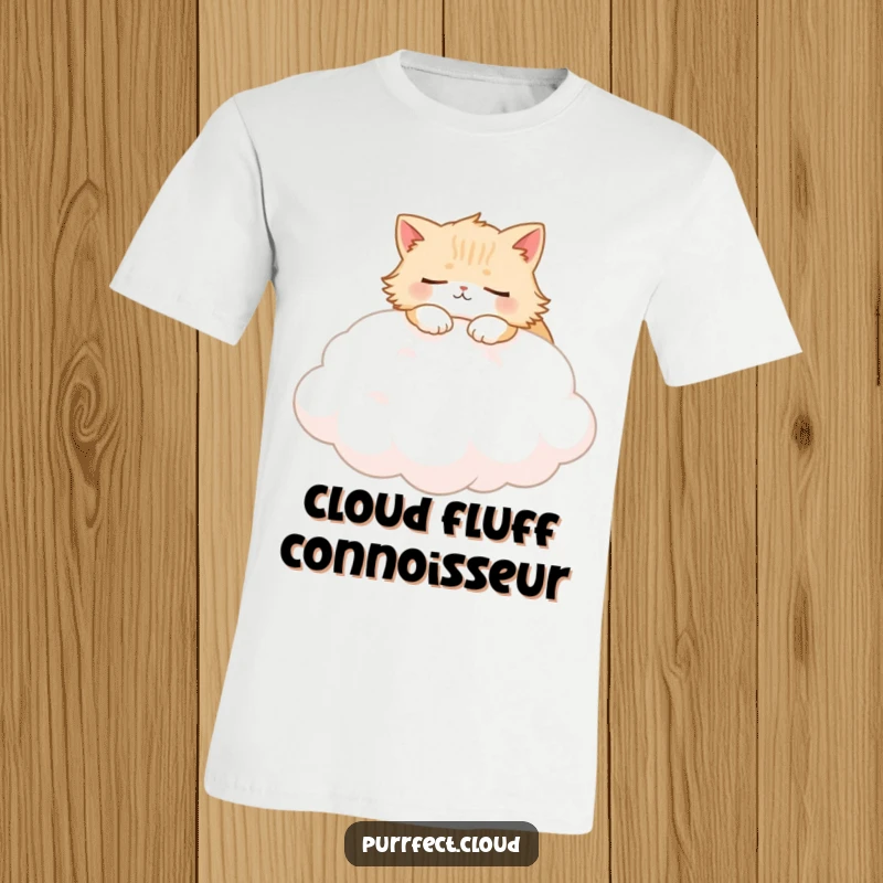 Funny Fluffy Cat T-Shirt depicting a peaceful cat napping on a soft, white cloud, a serene and humorous scene.