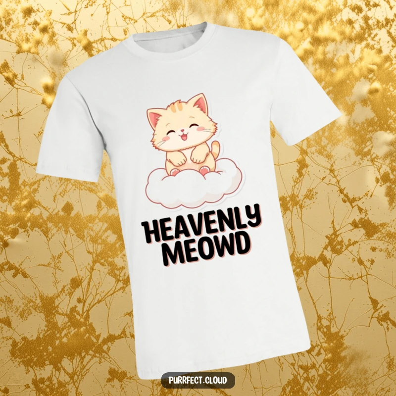 Funny fluffy cat t-shirt, a cat gleefully bouncing on a soft cloud, radiating pure happiness and playful energy.