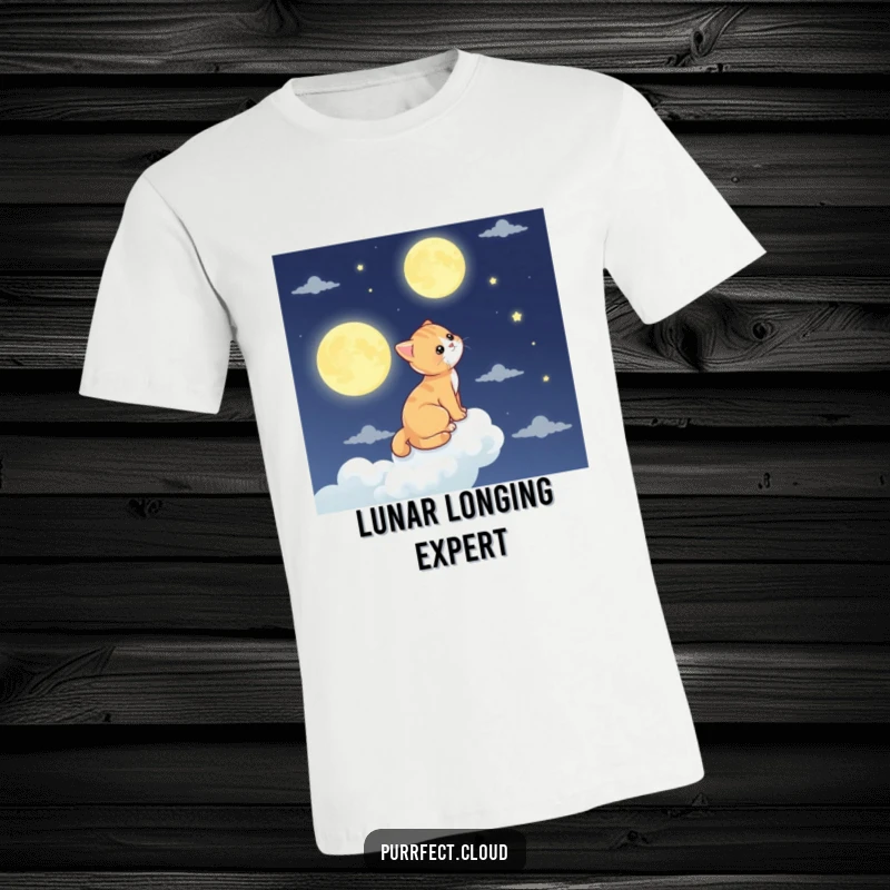 Funny cat t-shirt, a cat watches the moon from a cloud, celestial feline design.