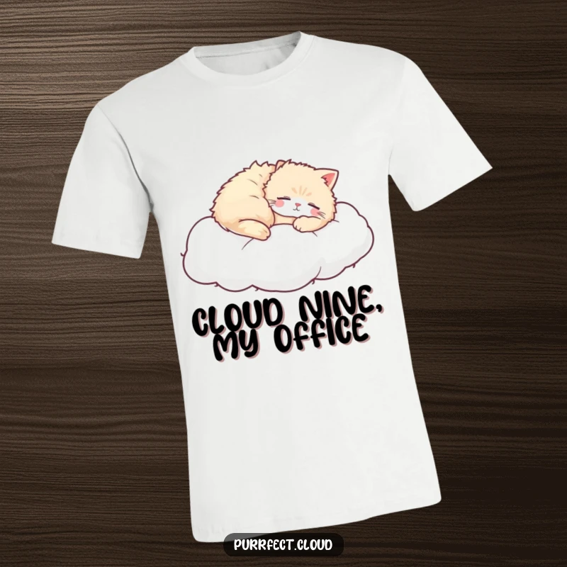 Funny Napping Cat T-Shirt, a fluffy cat sleeps on a cloud, comfortable and cute apparel, ideal for cat lovers.