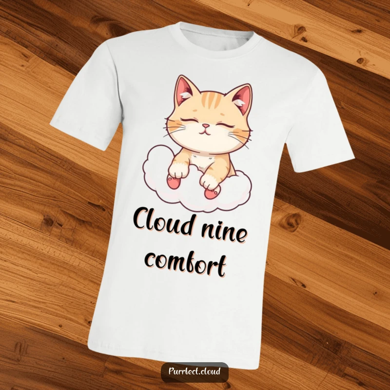 Funny peaceful cat t-shirt, with closed eyes, enjoying a cloud ride, representing serenity and relaxation, a great gift.