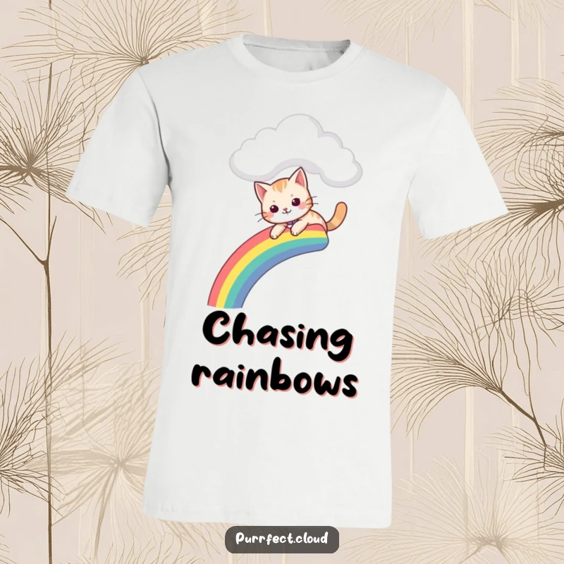 Funny t-shirt showing a cat having a blast sliding down a brightly colored rainbow originating from a cloud.