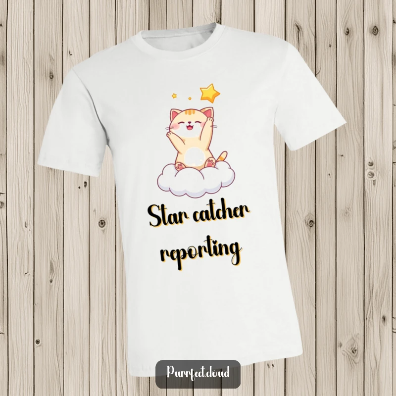 Funny playful cat star t-shirt featuring a cat batting at a star, sitting on a cloud, great for imaginative people and cat owners.