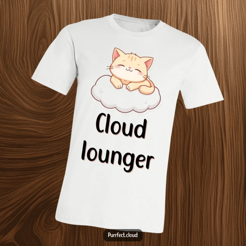 Funny purring cat cloud t-shirt, depicting a content cat lounging and purring on a soft cloud, a symbol of ultimate relaxation.