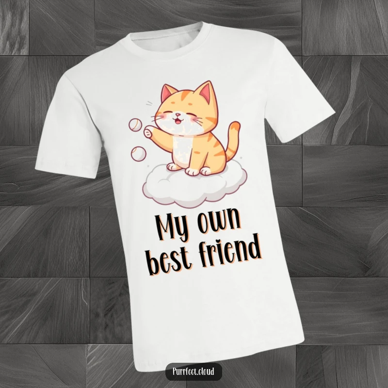 Funny cat t-shirt, playing fetch with itself on a cloud, tossing a tiny ball, great for showcasing quirky humor.