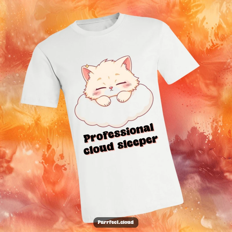 Funny fluffy cat peacefully sleeping on a big, soft white cloud, wearing a contented expression on this t-shirt.