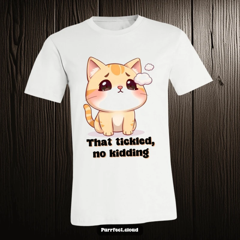 Funny cat t-shirt featuring a cat looking comically surprised as a small cloud tickles its nose, perfect for cat lovers.