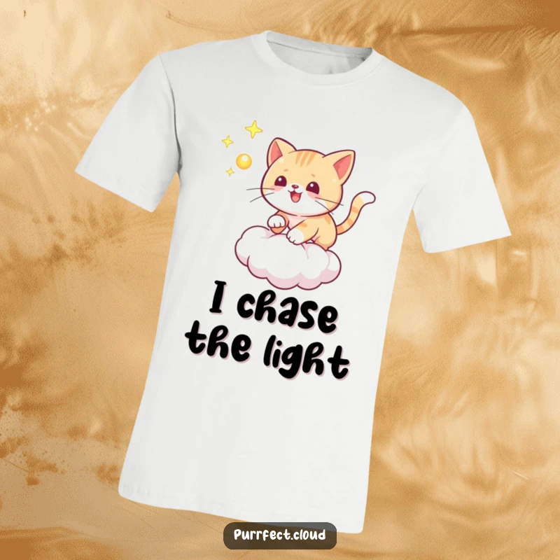Funny cat t-shirt featuring a playful cat chasing a glowing orb on a cloud, dynamic and humorous.