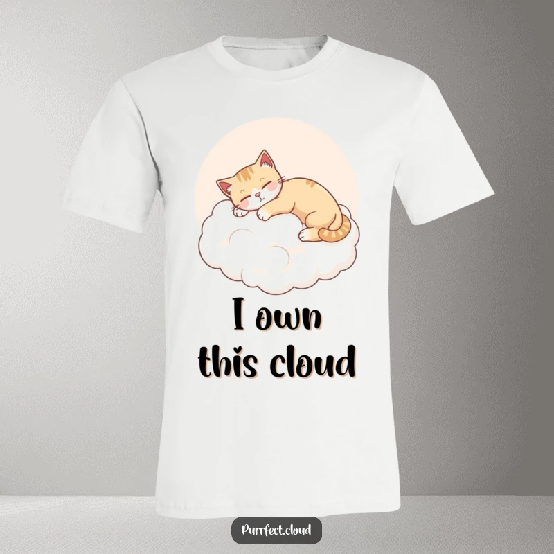 Funny Stretching Cat T-Shirt, a cat stretches on a pink cloud, content and happy, comfortable apparel.