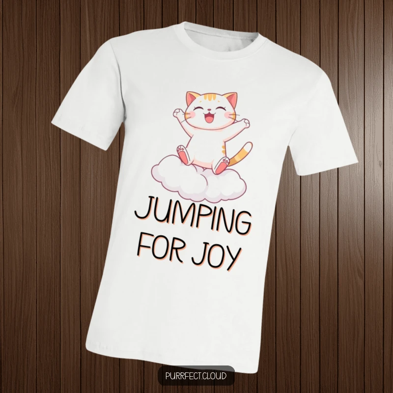 Funny Cat T-Shirt, a playful cat leaping high between clouds, depicting energy, joy, and adventure, ideal for active wear.