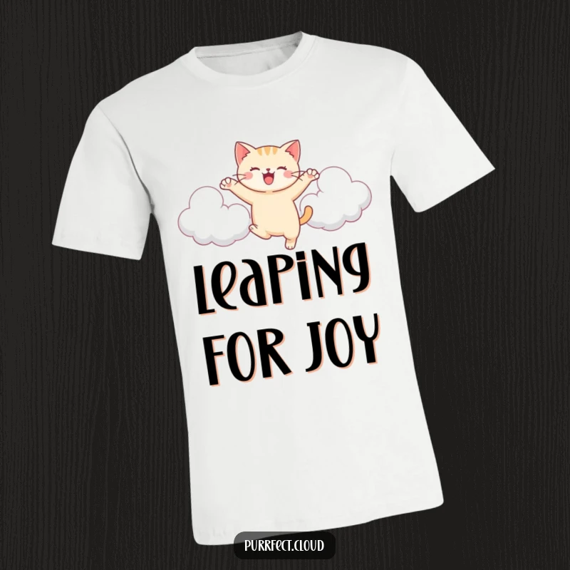 Funny Leaping Cat T-Shirt, a cat leaps between clouds, energetic and happy, comfortable apparel.