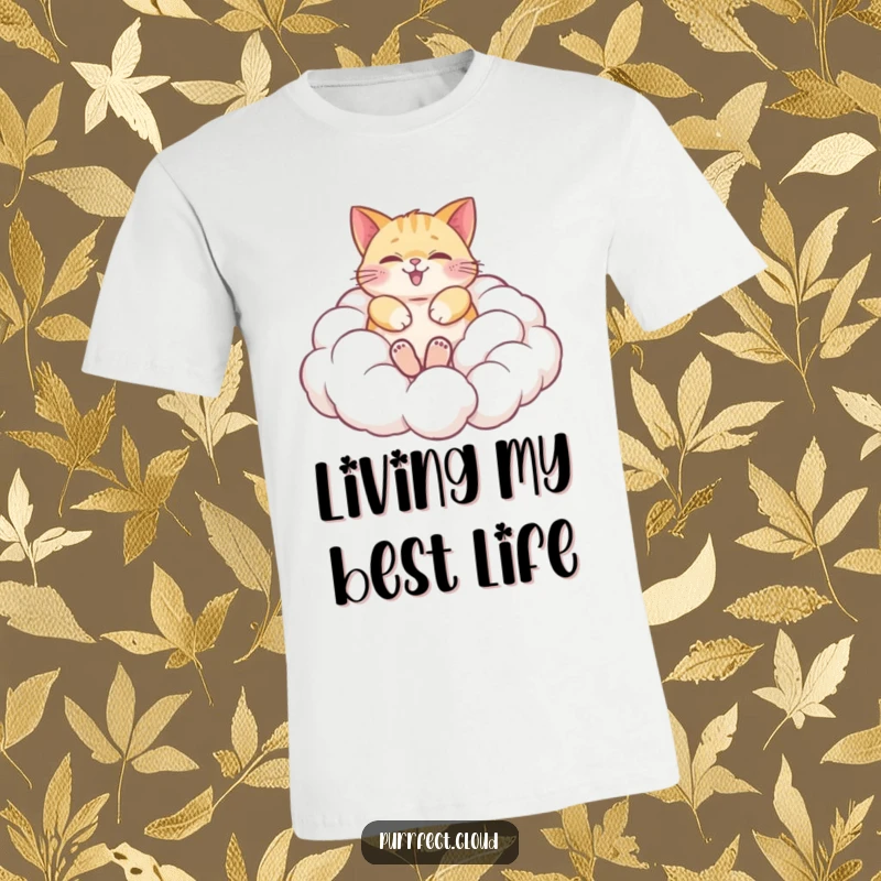 Funny t-shirt depicting a happy cat blissfully rolling in a pile of soft, fluffy clouds, showcasing pure feline joy and dreamy escapism.