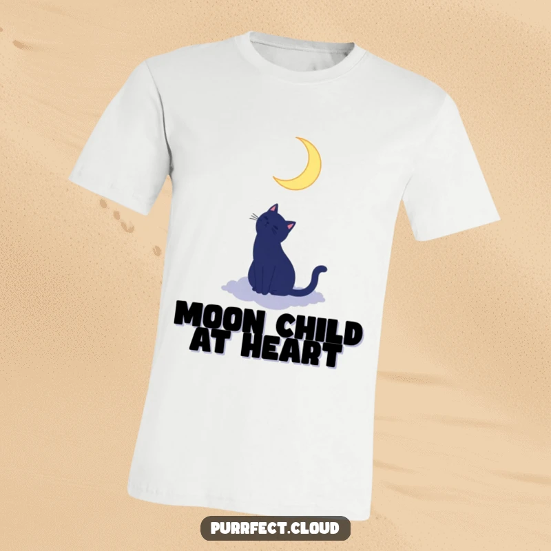 Funny cat silhouette t-shirt featuring a cat on a cloud gazing at a crescent moon, perfect for dreamers and cat lovers.